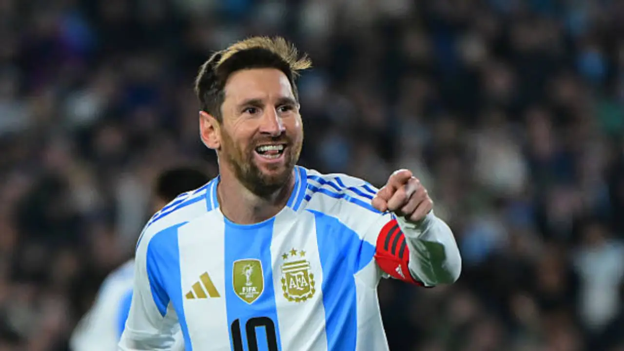Lionel Messi of Argentina celebrating after scoring his team's third goal during a match in Buenos Aires, Argentina.