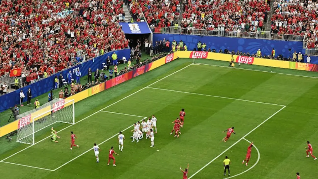 Nuno Mendes celebrating his free-kick goal for Portugal against Uzbekistan at FIFA World Cup 2026