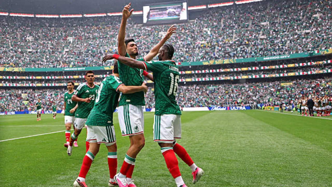 Raúl Jiménez celebrates his headed goal for Mexico against South Africa at FIFA World Cup 2026"