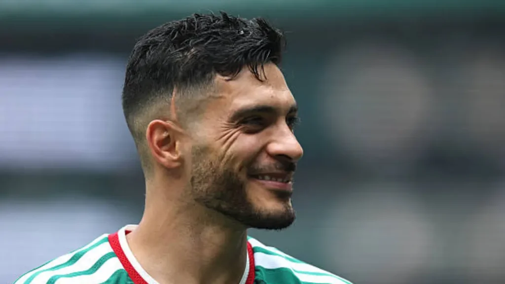 Raúl Jiménez looks to the sky in tears after scoring for Mexico at FIFA World Cup 2026